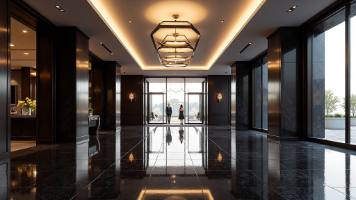 重庆五星级酒店外观，现代建筑风格，豪华大堂内部，高端会议设施配套